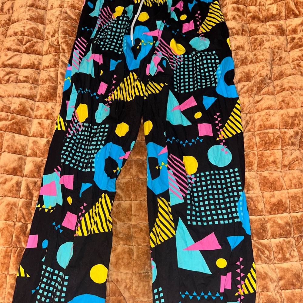 Black Geometric Print 90s Pants - Multicolor, vintage